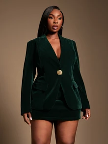 Radiana Plus Size Women's Dark Green Elegant Formal Summer Matte Velvet Professional Suit Jacket And Skirt Set With Pockets,Metal Button Decor Commuter Suit - Green - View 5