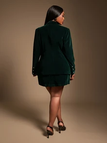 Radiana Plus Size Women's Dark Green Elegant Formal Summer Matte Velvet Professional Suit Jacket And Skirt Set With Pockets,Metal Button Decor Commuter Suit - Green - View 8