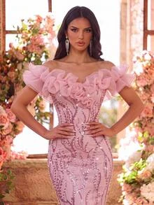 Glamrae Elegant Luxurious Glamorous Pink Exaggerated Organza 3D Ruffle Off-Shoulder Floor-Length Fitted Mermaid Wedding Event Heavy Embellished Evening Gown - Dusty Pink - View 2