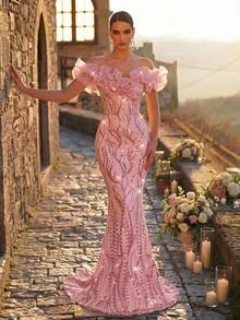 Glamrae Elegant Luxurious Glamorous Pink Exaggerated Organza 3D Ruffle Off-Shoulder Floor-Length Fitted Mermaid Wedding Event Heavy Embellished Evening Gown - Dusty Pink - View 3