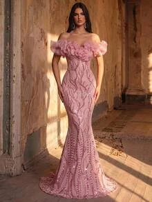 Glamrae Elegant Luxurious Glamorous Pink Exaggerated Organza 3D Ruffle Off-Shoulder Floor-Length Fitted Mermaid Wedding Event Heavy Embellished Evening Gown - Dusty Pink - View 4