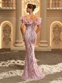 Glamrae Elegant Luxurious Glamorous Pink Exaggerated Organza 3D Ruffle Off-Shoulder Floor-Length Fitted Mermaid Wedding Event Heavy Embellished Evening Gown - Dusty Pink - View 8