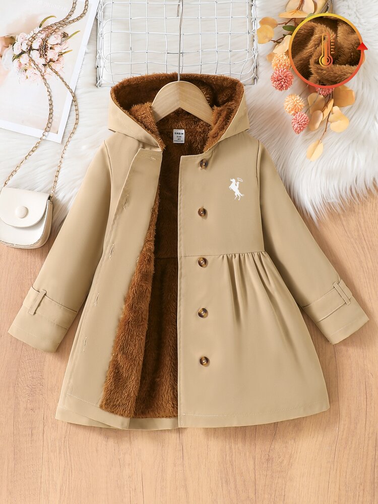 SHEIN Elladie kids Girls' Winter Coat, Navy Blue With Horse Embroidery Pattern, Thermal Lining, Hooded, Double-Breasted, Fashionable Jacket For Casual Daily Wear And School Style - Khaki - View 10