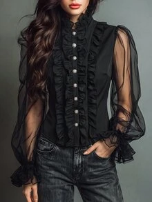 LUMIGAL Vintage Goth Elegant Women's Fitted Blouse With Ruffle Trim, Sheer Puff Flare Long Sleeves Halloween Night Black Summer - Black - View 3
