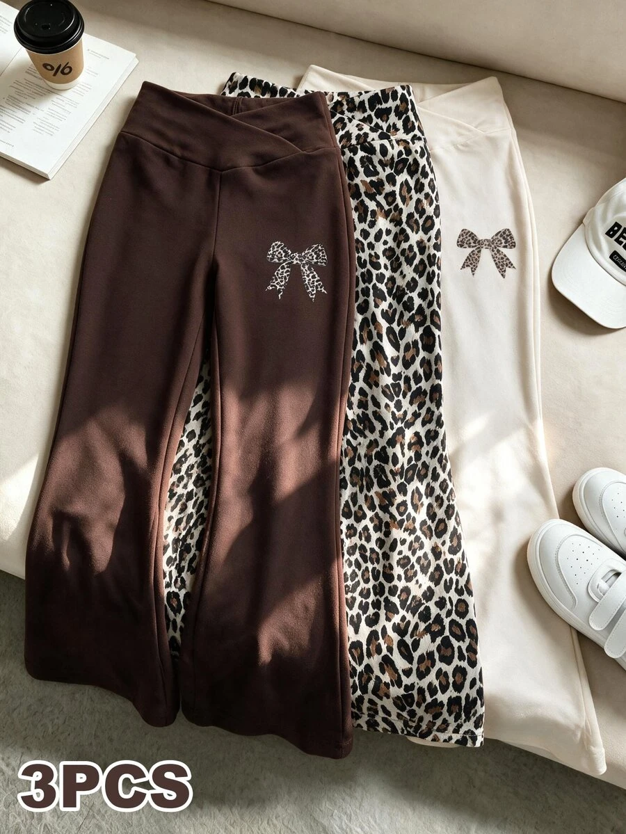 3pcs Young Girl Soft Stretchy Leopard Flare Pants, Slim Fit Cross Waist Bell Bottom , Spring Fall For Daily School Party - Multicolor - View 1