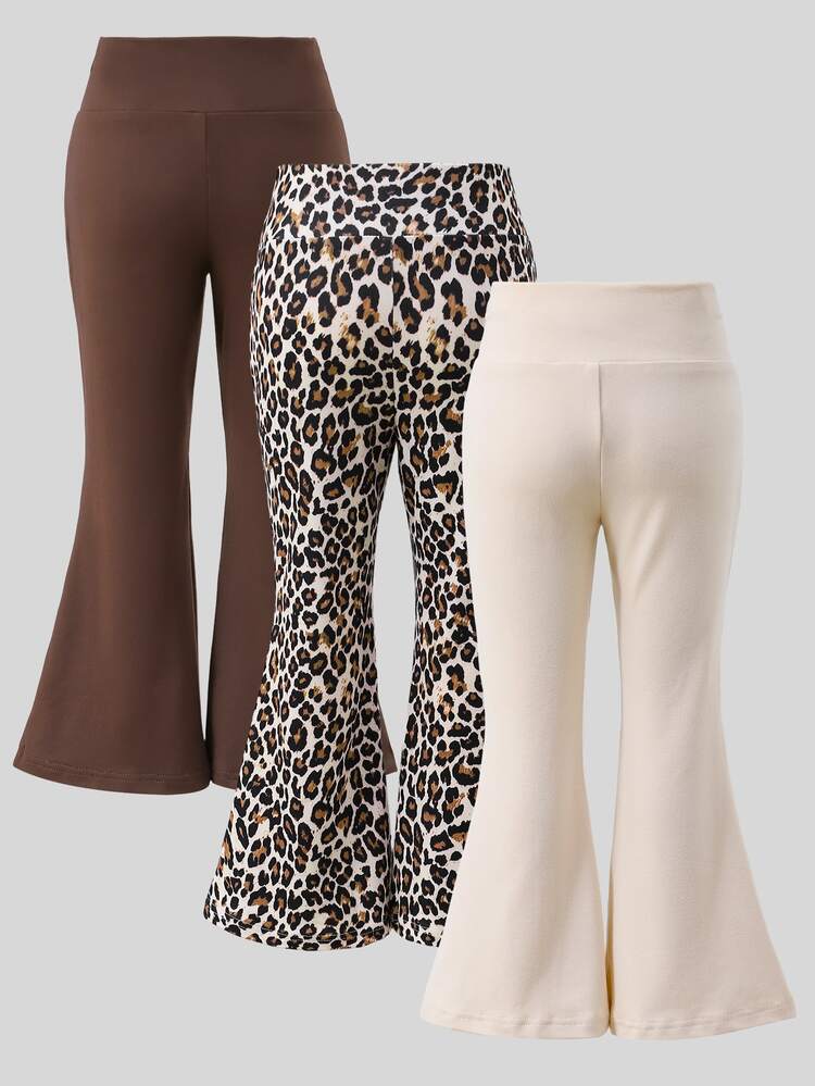 3pcs Young Girl Soft Stretchy Leopard Flare Pants, Slim Fit Cross Waist Bell Bottom , Spring Fall For Daily School Party - Multicolor - View 2