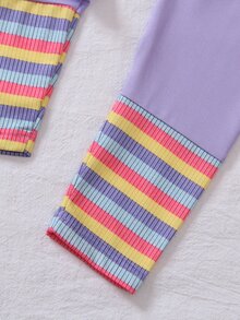 Elladie kids 女童兩件套，仿彩虹條紋圓領長袖T恤 3D花卉設計；純紫色羅紋袖口修身套裝，女童秋季服飾 - 紫色 - 查看 6