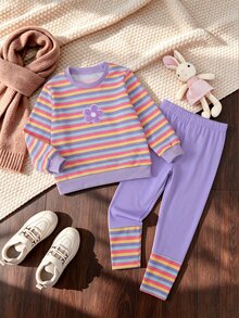 Elladie kids 女童兩件套，仿彩虹條紋圓領長袖T恤 3D花卉設計；純紫色羅紋袖口修身套裝，女童秋季服飾 - 紫色 - 查看 8