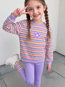 Elladie kids 女童兩件套，仿彩虹條紋圓領長袖T恤 3D花卉設計；純紫色羅紋袖口修身套裝，女童秋季服飾 - 紫色 - 查看 9