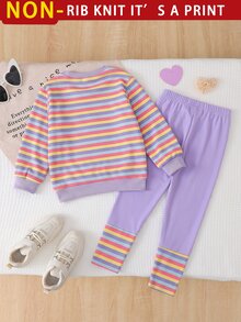 Elladie kids 女童兩件套，仿彩虹條紋圓領長袖T恤 3D花卉設計；純紫色羅紋袖口修身套裝，女童秋季服飾 - 紫色 - 查看 2