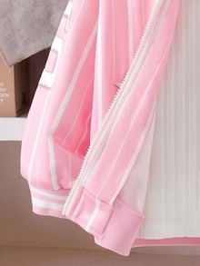 1pc Basic/Casual/College Striped Letter/Star Pattern/Los Angeles Print/Baseball Jacket,Suitable For Daily/Outing/Back To School/Multiple Occasions,Spring/Summer/All Season,Toddle Girls Sets,Children Daily Comfort - Pink - View 6