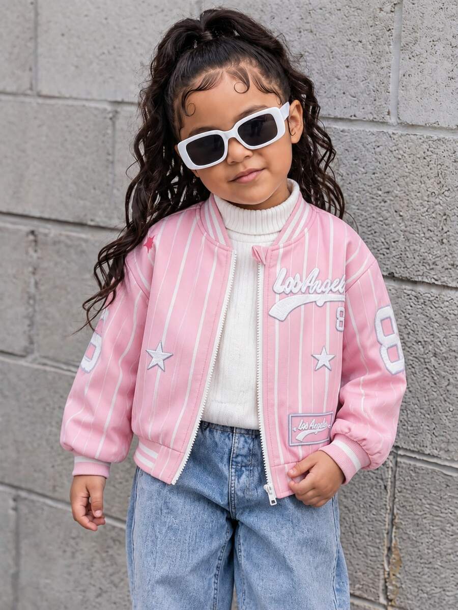 1pc Basic/Casual/College Striped Letter/Star Pattern/Los Angeles Print/Baseball Jacket,Suitable For Daily/Outing/Back To School/Multiple Occasions,Spring/Summer/All Season,Toddle Girls Sets,Children Daily Comfort - Pink - View 1