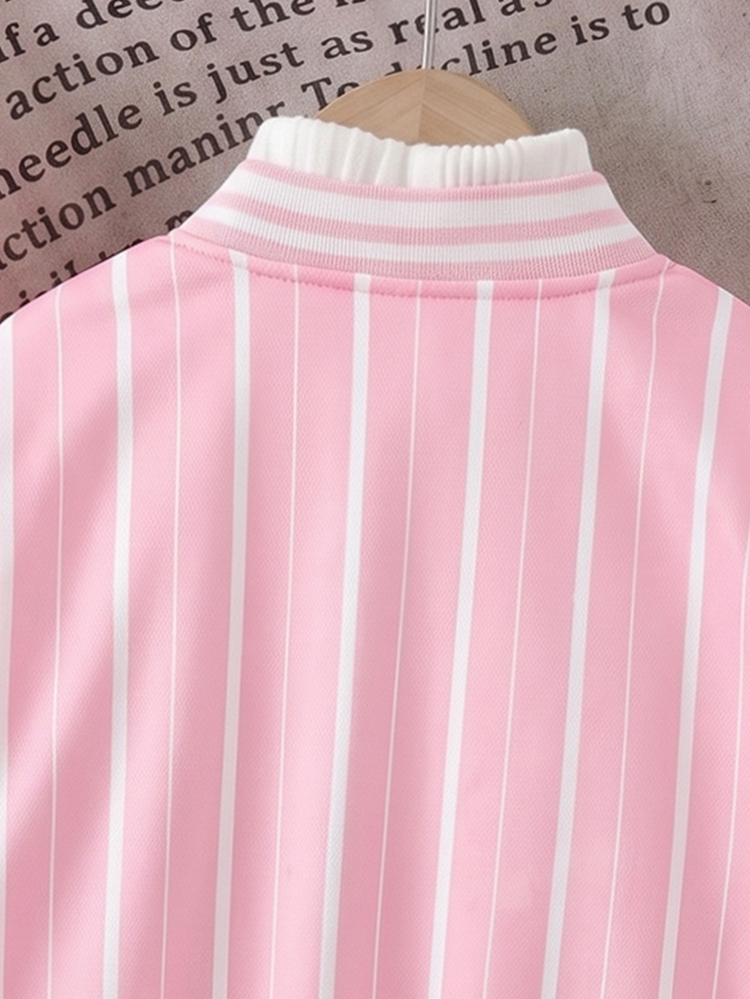 1pc Basic/Casual/College Striped Letter/Star Pattern/Los Angeles Print/Baseball Jacket,Suitable For Daily/Outing/Back To School/Multiple Occasions,Spring/Summer/All Season,Toddle Girls Sets,Children Daily Comfort - Pink - View 7
