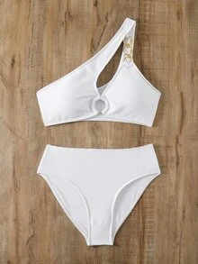 Swim SXY 夏季海滩女士单肩比基尼套装带圆形装饰，两件套 - 白色 - 查看 7
