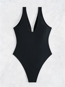 Swim Chiccia 女士性感优雅黑白拼接深V领U型露背连体泳衣 - 黑色 - 查看 5