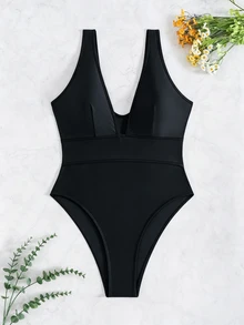 Swim Chiccia 女士性感优雅黑白拼接深V领U型露背连体泳衣 - 黑色 - 查看 6
