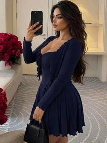 Dazy Plus Brown Casual 2 Pieces Set With Wrap Sexy Spaghetti Strap Mini Dress And Cardigan, Spring Summer Autumn - Navy Blue - View 1