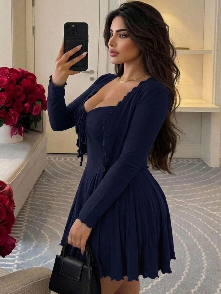 Dazy Plus Brown Casual 2 Pieces Set With Wrap Sexy Spaghetti Strap Mini Dress And Cardigan, Spring Summer Autumn - Navy Blue - View 1