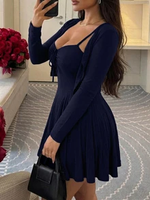Dazy Plus Brown Casual 2 Pieces Set With Wrap Sexy Spaghetti Strap Mini Dress And Cardigan, Spring Summer Autumn - Navy Blue - View 8