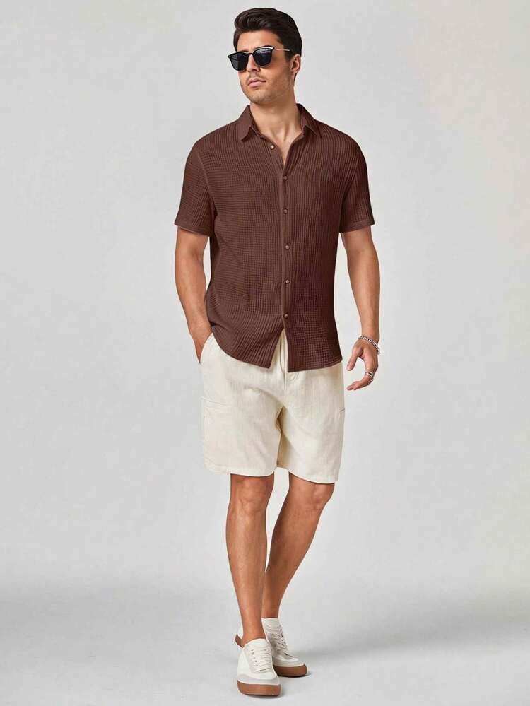 HIMLAND Men's Woven Casual Short Sleeve Shirt - Brown - View 4