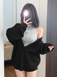 DAZY Women's Black Deep V-Neck Loose Knit Sweater, Layering Casual Commute Street Elegant Base Layer Sweater, Autumn/Winter - Black - View 8