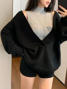 DAZY Women's Black Deep V-Neck Loose Knit Sweater, Layering Casual Commute Street Elegant Base Layer Sweater, Autumn/Winter - Black - View 6