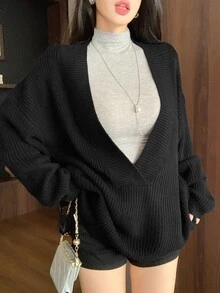 DAZY Women's Black Deep V-Neck Loose Knit Sweater, Layering Casual Commute Street Elegant Base Layer Sweater, Autumn/Winter - Black - View 4