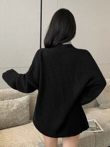DAZY Women's Black Deep V-Neck Loose Knit Sweater, Layering Casual Commute Street Elegant Base Layer Sweater, Autumn/Winter - Black - View 3