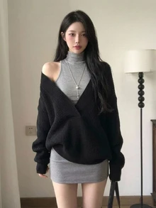 DAZY Women's Black Deep V-Neck Loose Knit Sweater, Layering Casual Commute Street Elegant Base Layer Sweater, Autumn/Winter - Black - View 10