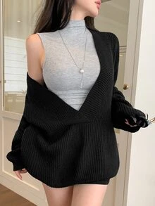 DAZY Women's Black Deep V-Neck Loose Knit Sweater, Layering Casual Commute Street Elegant Base Layer Sweater, Autumn/Winter - Black - View 5