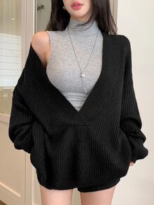 DAZY Women's Black Deep V-Neck Loose Knit Sweater, Layering Casual Commute Street Elegant Base Layer Sweater, Autumn/Winter - Black - View 1