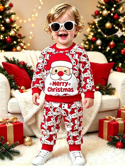 2pcs Baby Boy Casual Fashion Crew Neck Sweatshirt & Sweatpants Set, Long Sleeve Crew Neck Spring Summer Autumn Holiday Party Outfit, Christmas Set, Suitable For Holiday Gatherings And Parties, Comfortable And Relaxed, 5-15°C Boys Spring Autumn Winter First Choice, Spring Autumn Winter Streetwear, Casual Outfits For School And Gatherings
