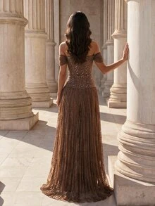 Coutiva Women's Sequin Contrast Lace Long Strapless Formal Evening Gown (Heavy Workmanship Style) - Brown - View 2