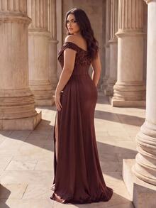 Coutiva Plus Size Women's Patchwork Sequin Pleated Design Side Slit Hem Formal Evening Gown - Coffee Brown - View 2