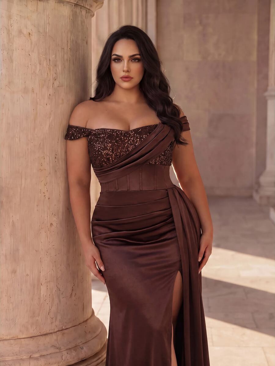 Coutiva Plus Size Women's Patchwork Sequin Pleated Design Side Slit Hem Formal Evening Gown - Coffee Brown - View 1