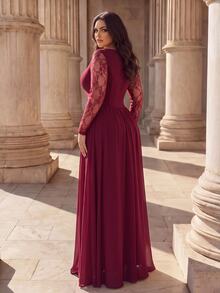 Coutiva Plus Size Women's Contrast Lace Long Sleeve Square Neck Elegant Formal Evening Gown - Burgundy - View 2