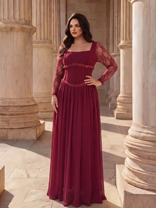 Coutiva Plus Size Women's Contrast Lace Long Sleeve Square Neck Elegant Formal Evening Gown - Burgundy - View 4
