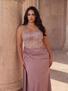 Coutiva Plus Size Women's Colorblock Pleated Elegant Cinched Waist Halter Neck Evening Dress - Dusty Pink - View 5
