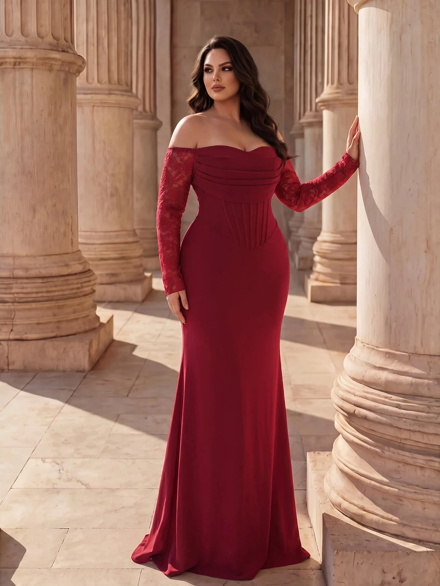 Coutiva Plus Size Women's Contrast Lace Off-Shoulder Long Sleeve Ruched Design Mermaid Hem Elegant Formal Evening Gown (Heavy Workmanship)