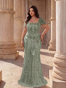 Coutiva Plus Size Elegant Classy Luxury Beaded Rhinestone Contrast Bubble Bead Mermaid Dress Evening Suitable For Cocktail Party Formal Dance Wedding Guest - Green - View 3