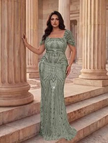 Coutiva Plus Size Elegant Classy Luxury Beaded Rhinestone Contrast Bubble Bead Mermaid Dress Evening Suitable For Cocktail Party Formal Dance Wedding Guest - Green - View 5