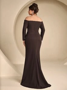 Coutiva Plus Size Elegant Luxury Rhinestone Pleated Off-Shoulder Evening Gown Dress - Coffee Brown - View 8