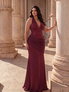 Coutiva Halter Neck Deep V-Neck Beaded Patchwork Asymmetrical Satin Pleated Fitted Mermaid Long Dress - Burgundy - View 1