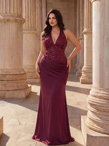 Coutiva Halter Neck Deep V-Neck Beaded Patchwork Asymmetrical Satin Pleated Fitted Mermaid Long Dress - Burgundy - View 4