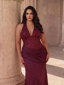 Coutiva Halter Neck Deep V-Neck Beaded Patchwork Asymmetrical Satin Pleated Fitted Mermaid Long Dress - Burgundy - View 3