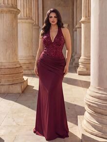 Coutiva Halter Neck Deep V-Neck Beaded Patchwork Asymmetrical Satin Pleated Fitted Mermaid Long Dress - Burgundy - View 6
