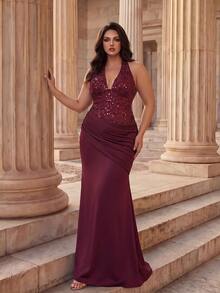 Coutiva Halter Neck Deep V-Neck Beaded Patchwork Asymmetrical Satin Pleated Fitted Mermaid Long Dress - Burgundy - View 5