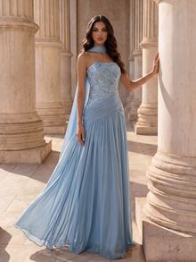 Coutiva Women Prom Dresses Wedding Prom Event Dinner Evening Rehearsal Dinner Blue Light Winter Wedding Formal Elegant - Blue - View 5