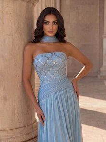 Coutiva Women Prom Dresses Wedding Prom Event Dinner Evening Rehearsal Dinner Blue Light Winter Wedding Formal Elegant - Blue - View 2