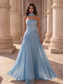 Coutiva Women Prom Dresses Wedding Prom Event Dinner Evening Rehearsal Dinner Blue Light Winter Wedding Formal Elegant - Blue - View 4